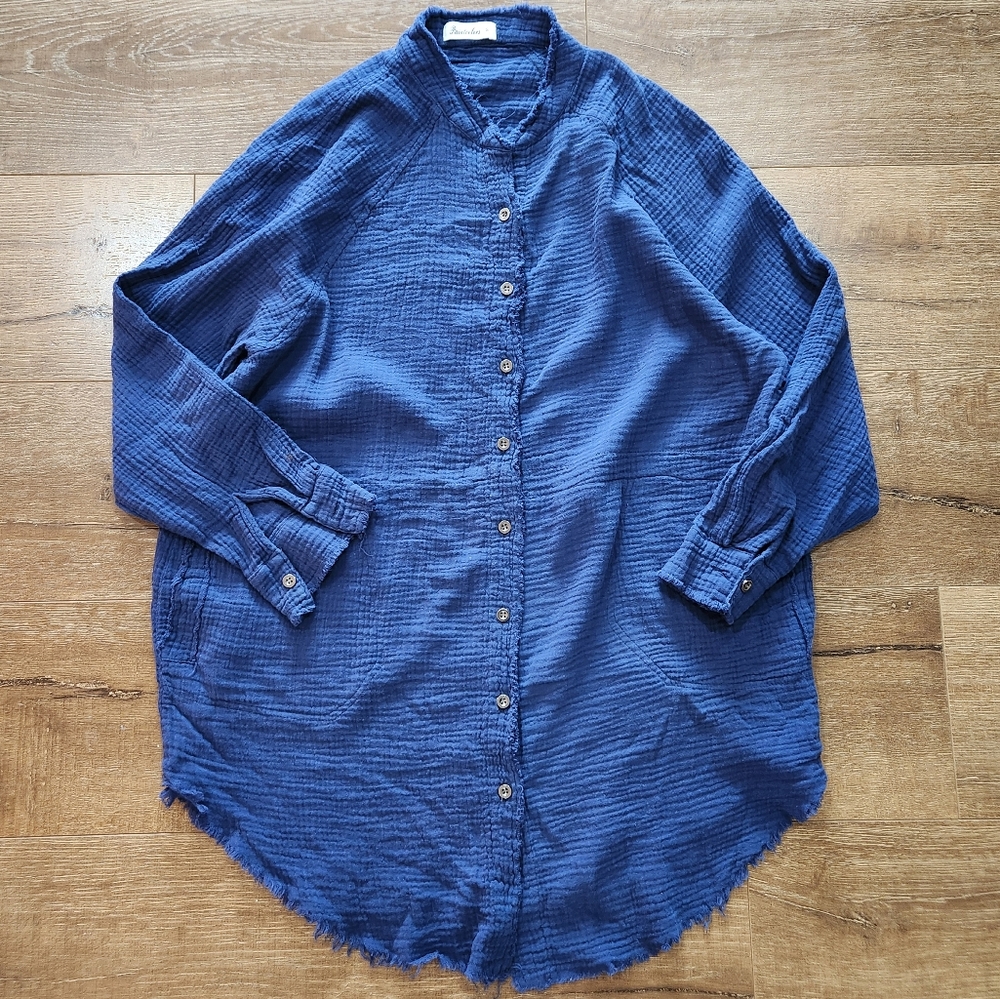 Paintcolors womens blue lagenlook tunic textured button-up small bohocore casual